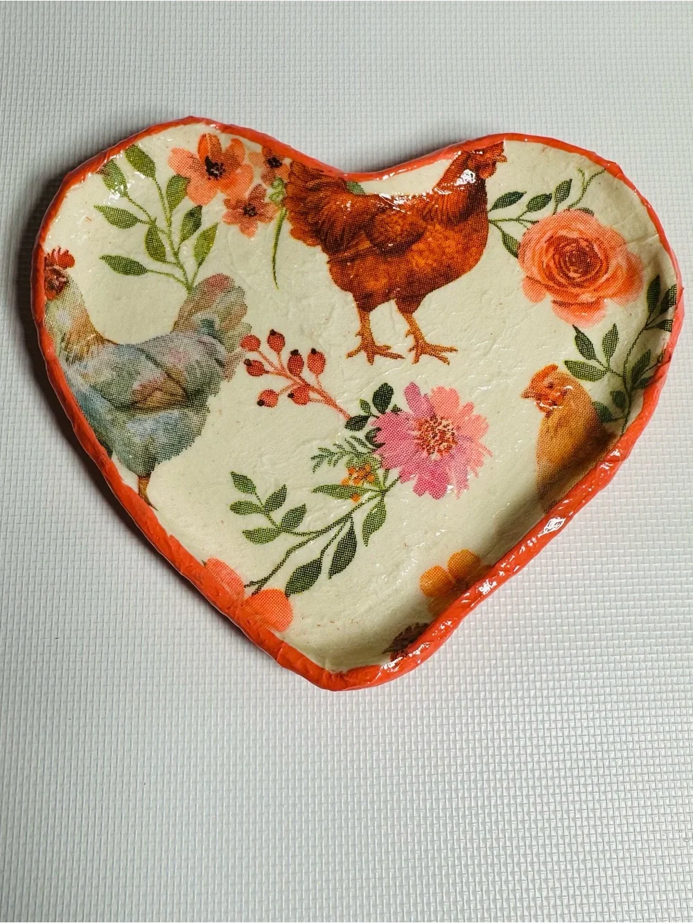 Heart Shaped Clay Trinket with Chicken Floral Design